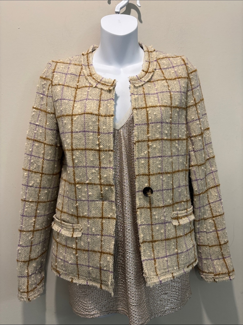Isabel Marant Etoile Cream Wool Tweed Plaid Blazer Fringe Trim Size 36 - Picture 8 of 16